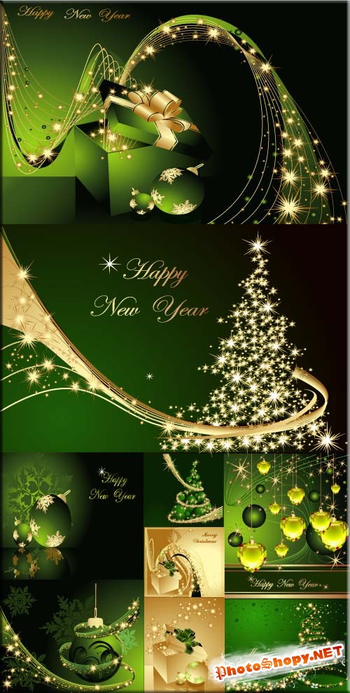 Яркие зеленый с золотым открытки - рождественские каникулы (eps vector)