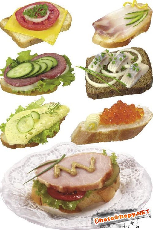 Подборка изображений бутербродов (с сыром, салом, колбасой, икрой, маслом, рыбой, луком и арахисовым маслом)