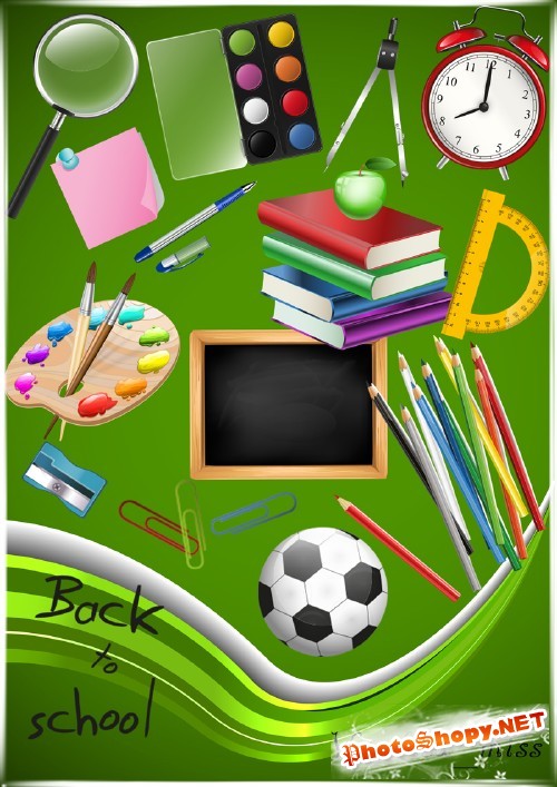 Многослойный psd исходник с школьными принадлежностями - ручка,карандаши,доска,лупа,книги
