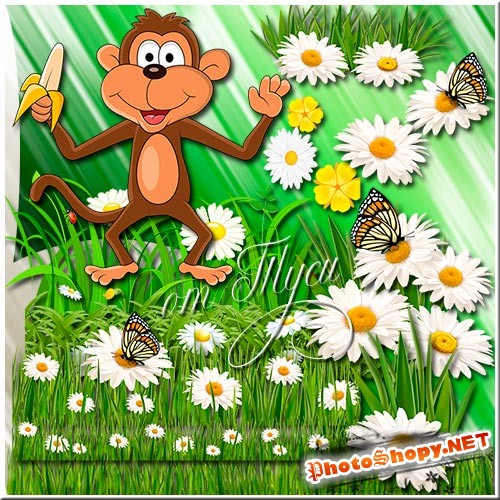 Клипарт для детей - Зелёная лужайка с ромашками и бабочками