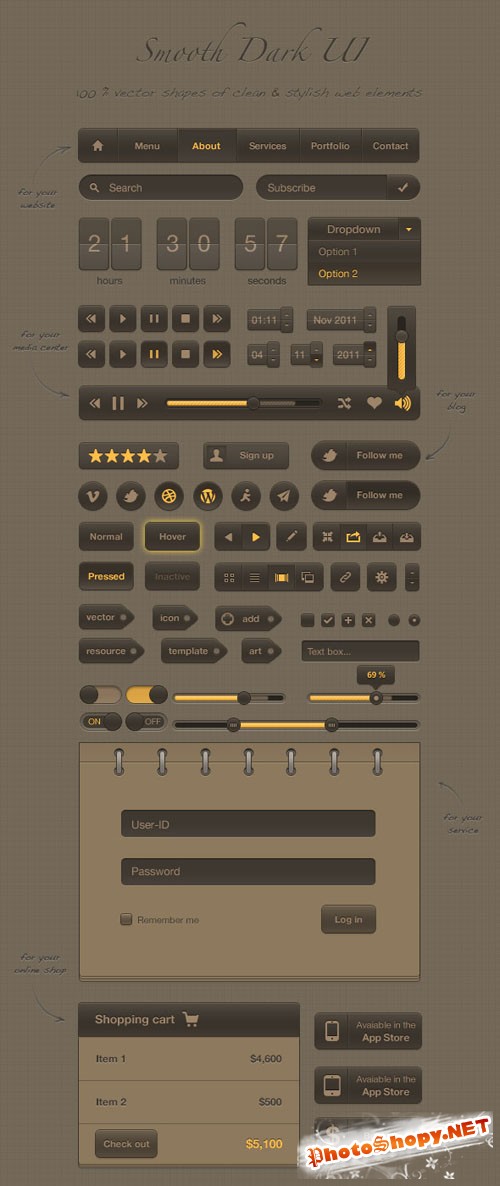 Smooth Dark UI Kit PSD Web Elements