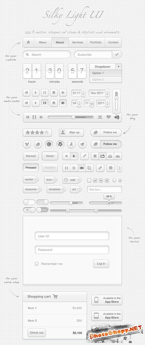 Silky Light UI Kit PSD Web Elements