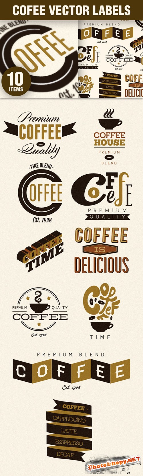 Designtnt - Coffee Labels Badges Vector Set